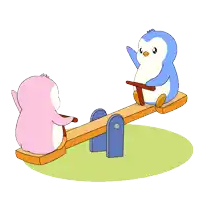 two penguins are sitting on a seesaw one is pink and the other is blue