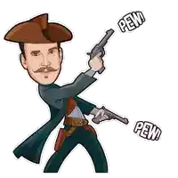 a cartoon drawing of a man holding two guns with the words pew behind him