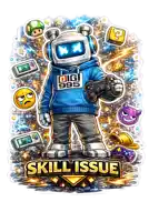 a cartoon drawing of a robot holding a video game controller with the words skill issue below him