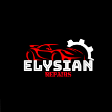 a logo for elysian repairs with a red car and gear on a black background