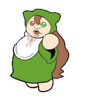 a cartoon drawing of a girl in a green dress with red eyes