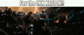 a group of people are standing in a field with the words for the ink nation written above them