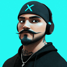 a man with a beard and mustache wearing headphones and a hat with a blue x on it