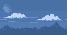 a pixel art of a night sky with clouds mountains and a moon