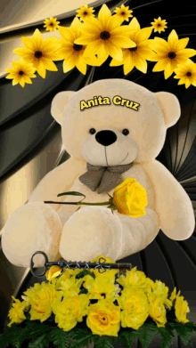 a teddy bear with a yellow rose and the name anita cruz