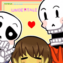 a drawing of three skeletons and a girl with the word undertale on the bottom