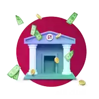 a cartoon illustration of a bank with coins and bills flying around it