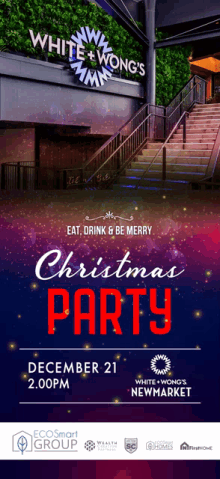 an advertisement for a christmas party at white + wong 's