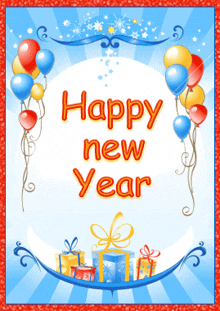 a happy new year greeting card with balloons and gifts