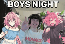 a man wearing headphones and a monaco shirt stands in front of two anime girls