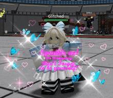 a girl in a dress is surrounded by hearts and butterflies and says glitched on the bottom