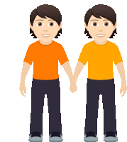 a cartoon of two men holding hands with one wearing an orange shirt