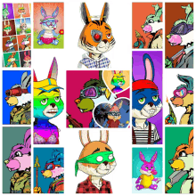 a collage of rabbits and squirrels including a rabbit wearing a bandana