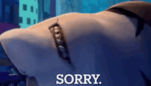 a cartoon shark is saying sorry in front of a city