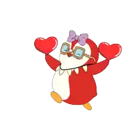 a cartoon penguin with glasses and a bow is holding two hearts