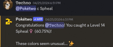 a screenshot of a message from techno congratulating poketwo