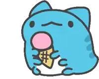a blue cat with its tongue out is holding a cup