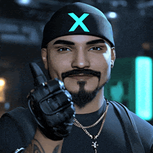 a man with a beard wearing a black hat with a blue x on it