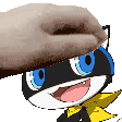 a cartoon cat with blue eyes and a yellow bow tie is being touched by a hand .