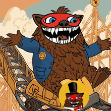 a cartoon of a monster riding a roller coaster with the letter r on the side