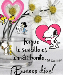 a picture of snoopy and lucy hugging each other with flowers in a glass