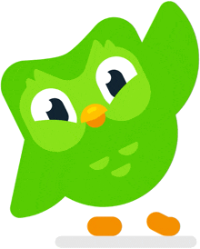 a green owl with a yellow beak is standing on its hind legs