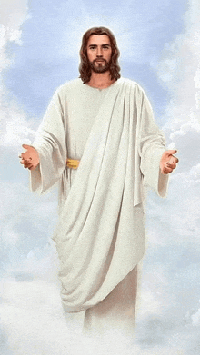 jesus is wearing a white robe and standing in the clouds with his hands outstretched .