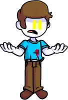 a cartoon character is wearing a blue shirt and brown pants