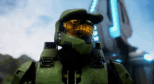 a close up of a video game character with a green helmet