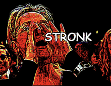 a man covering his face with his hands with the word stronk written above him