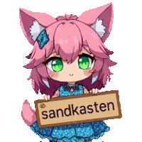 a cartoon girl with pink hair and green eyes is holding a sign that says sandkasten .