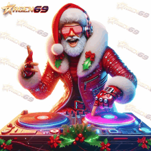 a picture of a dj dressed as santa claus with agen 69 in the corner