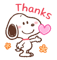 a cartoon of snoopy with a heart in his mouth and the words thanks written below him