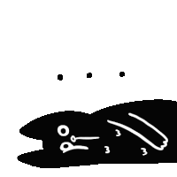 a black and white drawing of a cat laying down with three dots .