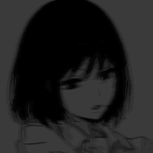 a black and white drawing of a girl with short hair