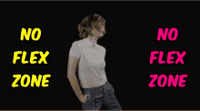 a woman stands in front of a black background with the words no flex zone on it