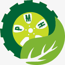 a logo for a company called pm with a green leaf