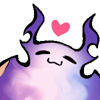 a drawing of a purple monster with horns and a pink heart on its head