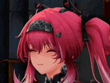 a close up of a pink haired anime girl with a crown on her head