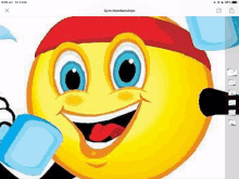 a smiley face is wearing a red headband and holding dumbbells