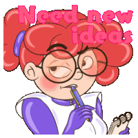 a cartoon of a girl holding a pen with the words need new ideas behind her