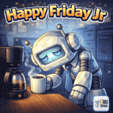 a robot with a cup of coffee and the words happy friday jr. below it