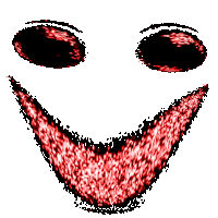 a white face with red eyes and a large smile