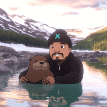 a man in a black beanie with an x on it is holding a beaver