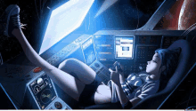 a girl is laying in the cockpit of a space ship looking at her phone