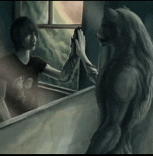 a man and a werewolf are touching hands in front of a window