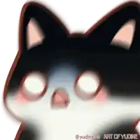 a drawing of a black and white cat with the words art of yudine on the bottom