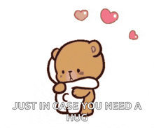 a teddy bear is hugging a stuffed animal and hearts are flying around it .