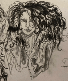 a black and white drawing of a woman 's face with curly hair