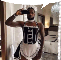 a man in a maid costume takes a selfie with his phone